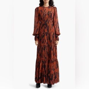 NWT $315 FARM Rio Giraffes Puff Sleeve Tiered Maxi Black/Orange Dress - Large!